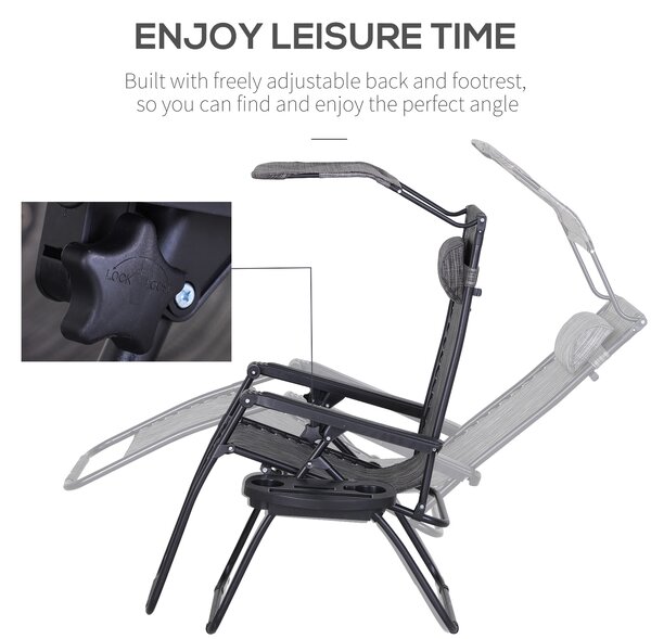 Outsunny Zero Gravity Chair, Folding Deck Chair with Cup Holder and Sunshade, Reclining Patio Sun Lounger, Grey Aosom UK
