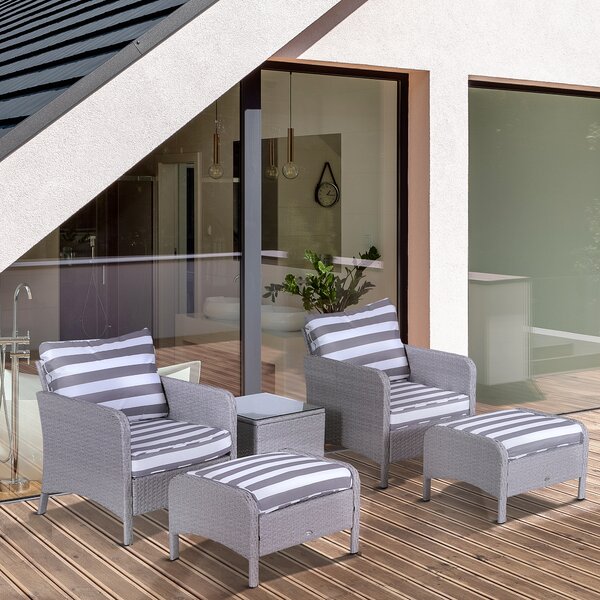 Outsunny 2 Seater PE Rattan Garden Furniture Set, 2 Armchairs 2 Stools Glass Top Table Cushions Wicker Weave Chairs Outdoor Seating - Grey Aosom UK