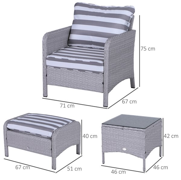 Outsunny 2 Seater PE Rattan Garden Furniture Set, 2 Armchairs 2 Stools Glass Top Table Cushions Wicker Weave Chairs Outdoor Seating - Grey Aosom UK