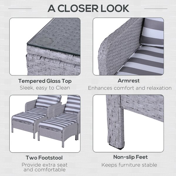 Outsunny 2 Seater PE Rattan Garden Furniture Set, 2 Armchairs 2 Stools Glass Top Table Cushions Wicker Weave Chairs Outdoor Seating - Grey Aosom UK