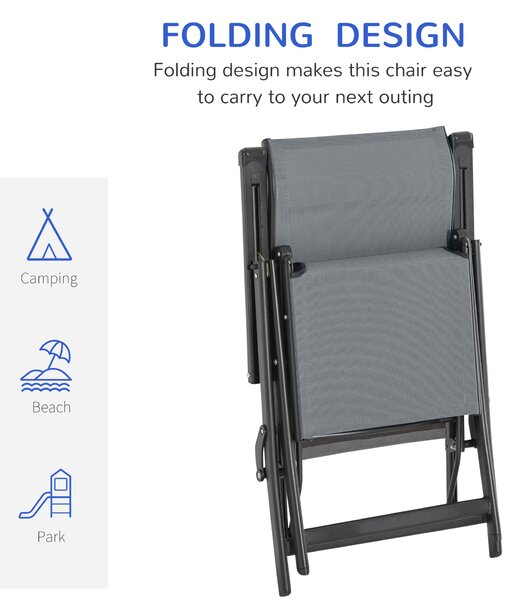 Outsunny Adjustable Sun Lounger Set Folding Chaise, Reclining Lounge Chairs w/ 10 Back and Leg Positions, Breathable Mesh Fabric & Footrest, Grey