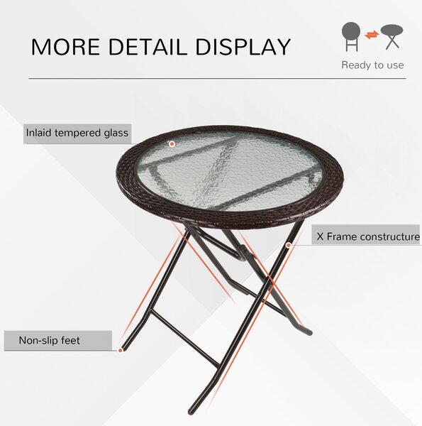 Outsunny Folding Round Tempered Glass Metal Table with Brown Rattan Edging Aosom UK