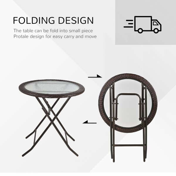 Outsunny Folding Round Tempered Glass Metal Table with Brown Rattan Edging Aosom UK