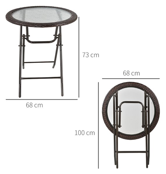 Outsunny Folding Round Tempered Glass Metal Table with Brown Rattan Edging Aosom UK