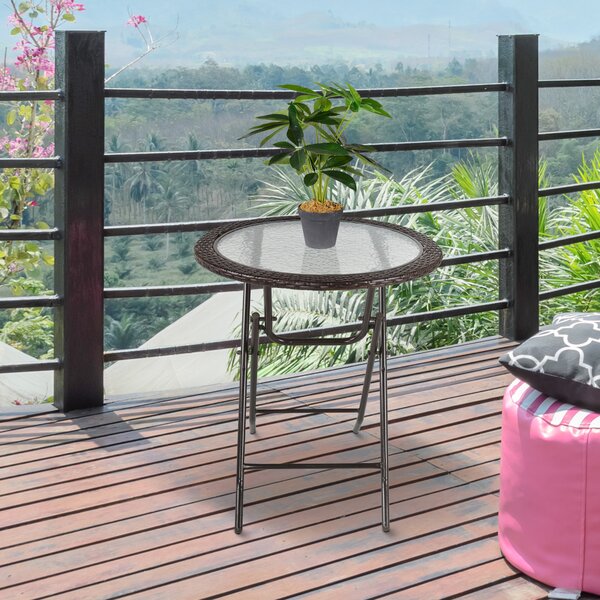Outsunny Folding Round Tempered Glass Metal Table with Brown Rattan Edging Aosom UK