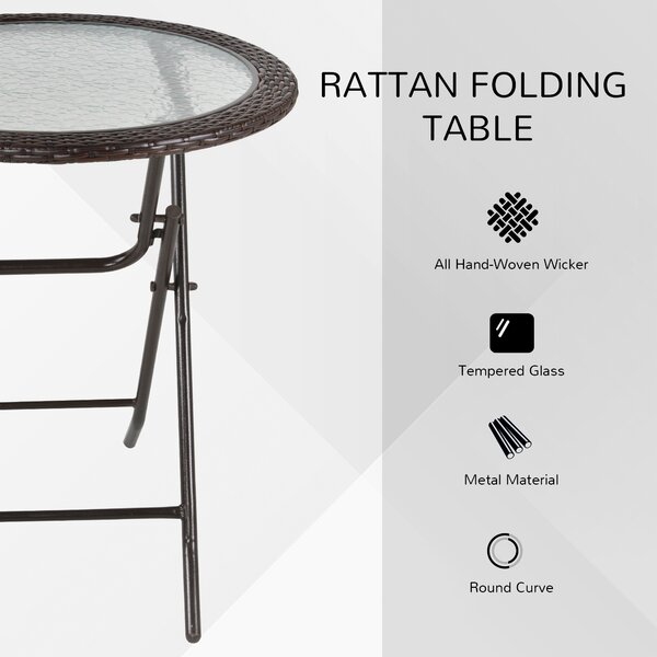 Outsunny Folding Round Tempered Glass Metal Table with Brown Rattan Edging Aosom UK