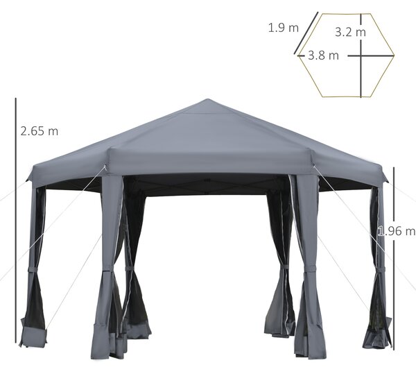Outsunny 3.2m Canopy Rentals Pop Up Gazebo Hexagonal Canopy Tent Outdoor Sun Protection w/ Mesh Sidewalls, Handy Bag, Grey