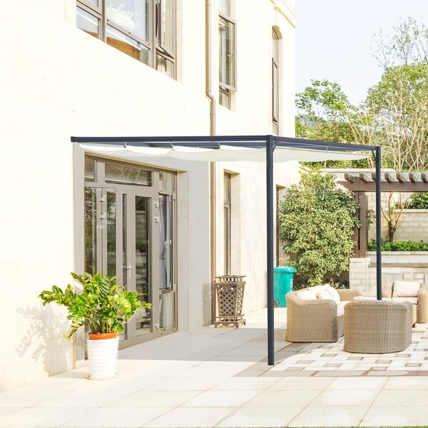 Outsunny 3 x 3(m) Outdoor Pergola Retractable Canopy Wall Mounted Gazebo Patio Shelter Sun Shade, Cream White Aosom UK