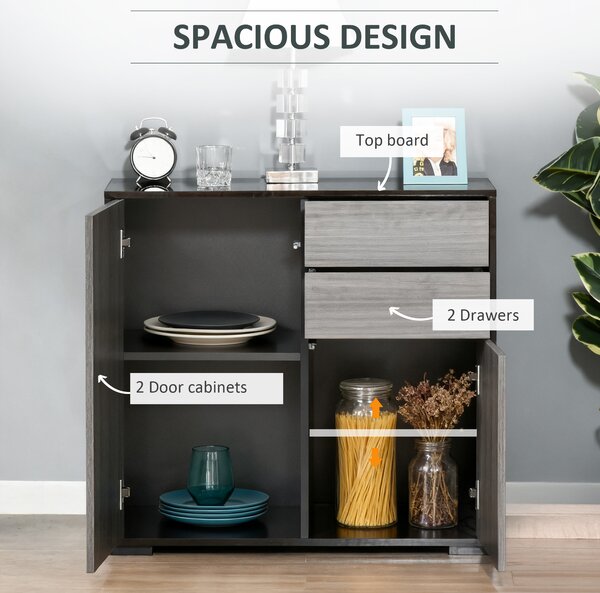 HOMCOM Modern Stylish Freestanding Push-Open Design Cabinet with 2 Drawer, 2 Door Cabinet, 2 Part Inner Space-Light Grey and Black Aosom UK