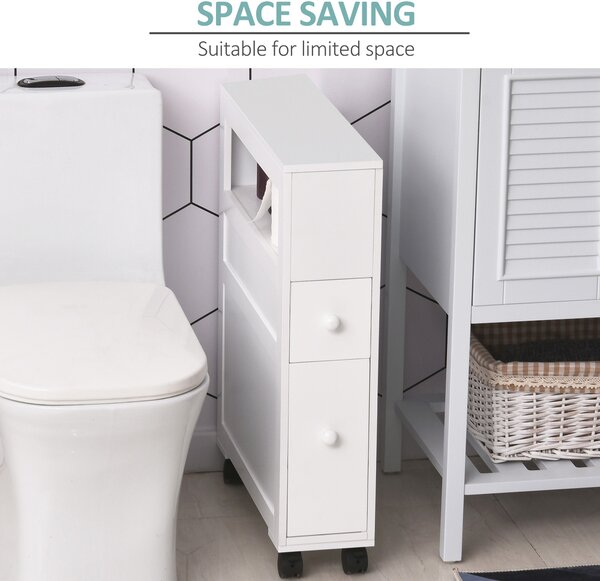 HOMCOM MDF Narrow Rolling Bathroom Side Cabinet White Aosom UK