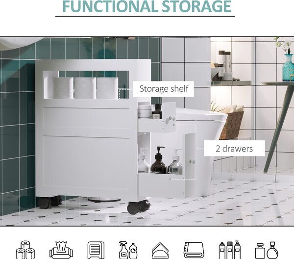 HOMCOM MDF Narrow Rolling Bathroom Side Cabinet White Aosom UK