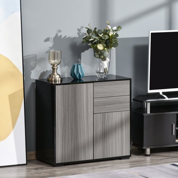 HOMCOM Modern Stylish Freestanding Push-Open Design Cabinet with 2 Drawer, 2 Door Cabinet, 2 Part Inner Space-Light Grey and Black Aosom UK