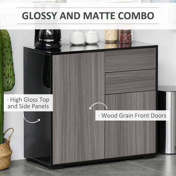 HOMCOM Modern Stylish Freestanding Push-Open Design Cabinet with 2 Drawer, 2 Door Cabinet, 2 Part Inner Space-Light Grey and Black Aosom UK