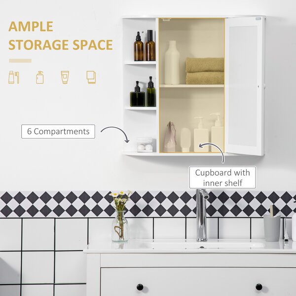 HOMCOM Bathroom Wall Cabinet with Mirror, the Side Shelves & a Handle to Open the Middle Cabinet, 66W x 17D x 63H cm, White Aosom UK