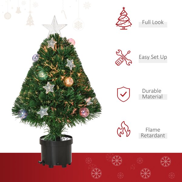 HOMCOM 2FT Pre-lit Artificial Christmas Tree Tabletop Multicoloured Fibre Optic Xmas Decoration w/ LED Lights Pot Table Desk - Green Aosom UK