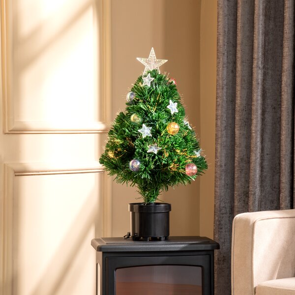 HOMCOM 2FT Pre-lit Artificial Christmas Tree Tabletop Multicoloured Fibre Optic Xmas Decoration w/ LED Lights Pot Table Desk - Green Aosom UK