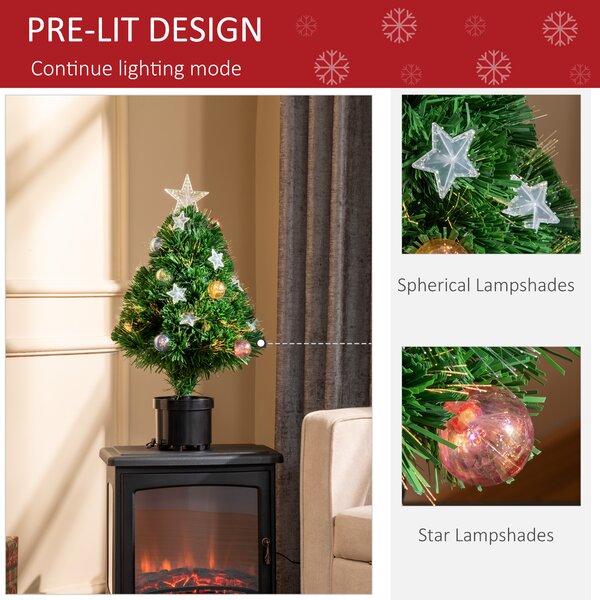 HOMCOM 2FT Pre-lit Artificial Christmas Tree Tabletop Multicoloured Fibre Optic Xmas Decoration w/ LED Lights Pot Table Desk - Green Aosom UK