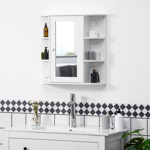 HOMCOM Bathroom Wall Cabinet with Mirror, the Side Shelves & a Handle to Open the Middle Cabinet, 66W x 17D x 63H cm, White Aosom UK