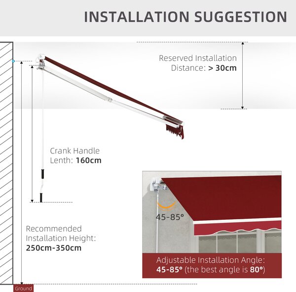 Outsunny Retractable Sun Shade Awning for Patio, Manual, Outdoor Deck Canopy Shelter, 2.5mx2m, Dark Red Aosom UK