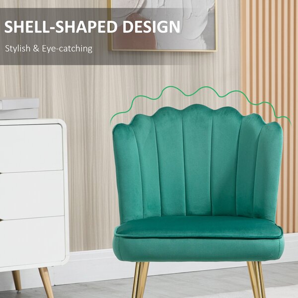 Glam Velvet-Feel Shell Accent Chair, HOMCOM Luxe Vanity Makeup Seat, Metal Legs, Comfort Padding, Green Aosom UK