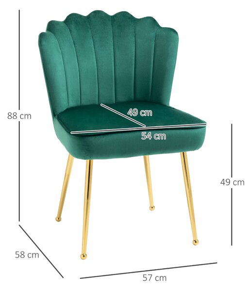 Glam Velvet-Feel Shell Accent Chair, HOMCOM Luxe Vanity Makeup Seat, Metal Legs, Comfort Padding, Green Aosom UK