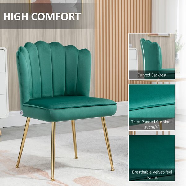 Glam Velvet-Feel Shell Accent Chair, HOMCOM Luxe Vanity Makeup Seat, Metal Legs, Comfort Padding, Green Aosom UK