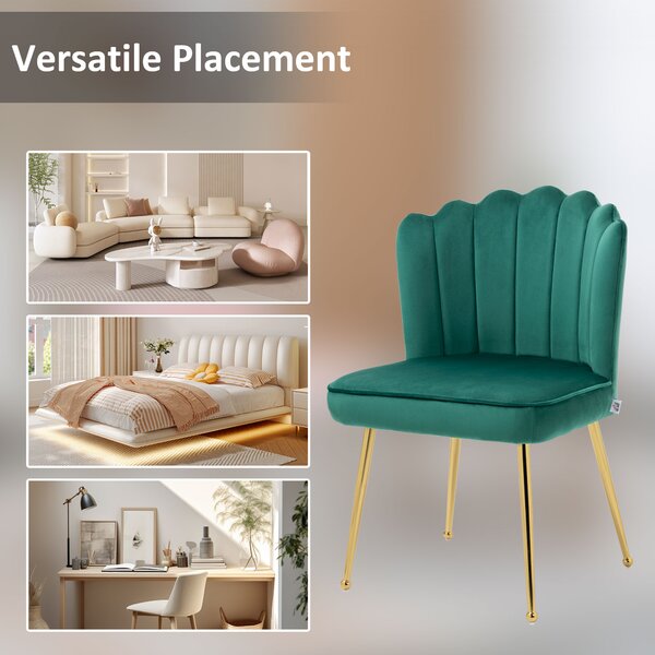 Glam Velvet-Feel Shell Accent Chair, HOMCOM Luxe Vanity Makeup Seat, Metal Legs, Comfort Padding, Green Aosom UK