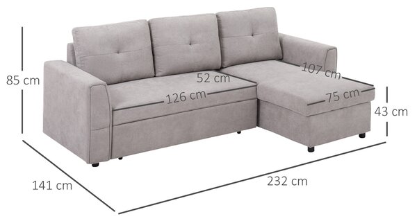 HOMCOM 3 Seater Sofa Bed, Pull Out Sofa Bed with Larger Bed Size & Thicker Cushion Padding, Corner Sofa Bed with Storage, Light Grey Aosom UK