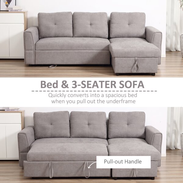 HOMCOM 3 Seater Sofa Bed, Pull Out Sofa Bed with Larger Bed Size & Thicker Cushion Padding, Corner Sofa Bed with Storage, Light Grey Aosom UK