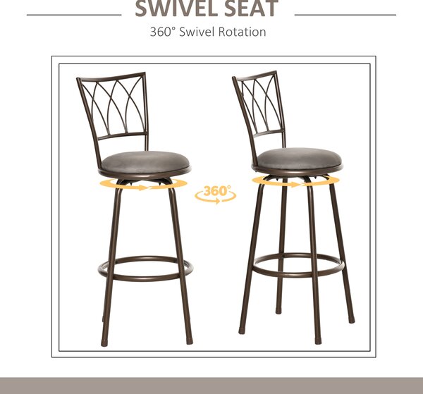HOMCOM Set of 2 Bar Chairs Swivel Armless Upholstered Metal Frame Barstools with Backrest & Footrest, Counter Bar Stool. Bronze Aosom UK