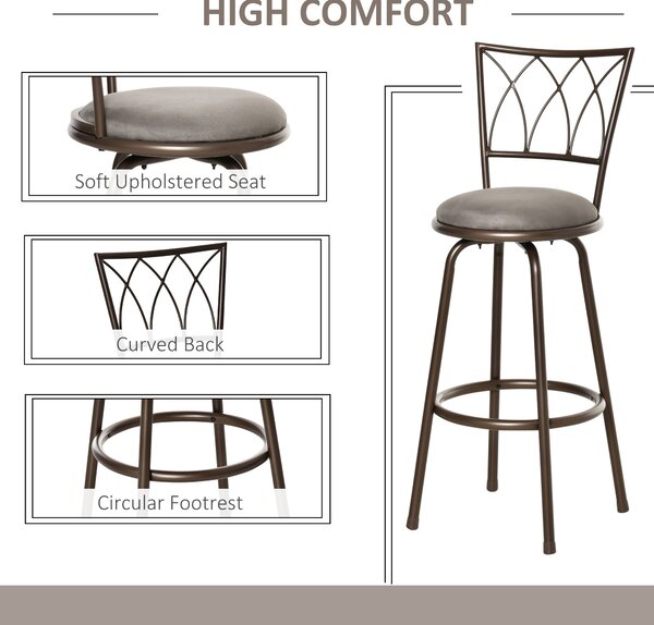HOMCOM Set of 2 Bar Chairs Swivel Armless Upholstered Metal Frame Barstools with Backrest & Footrest, Counter Bar Stool. Bronze Aosom UK