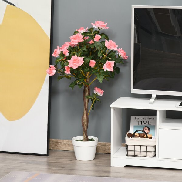 Outsunny Artificial Rose Tree: 90cm Fake Plant with 21 Flowers, Pink & Green Indoor/Outdoor Home Office Decor Aosom UK