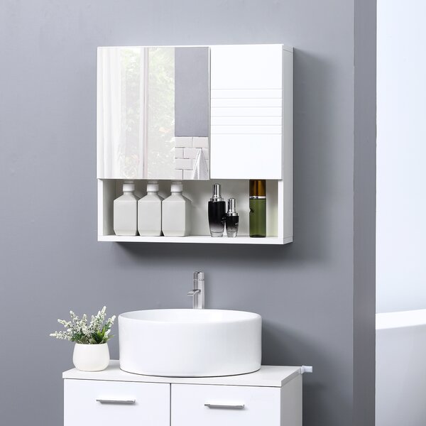 Kleankin Bathroom Mirror Cabinet, Wall Mount Storage Cabinet with Double Door, Adjustable Shelf, 54cm x 15cm x 55cm, White