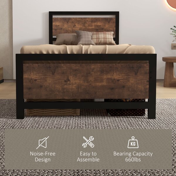 HOMCOM Single Metal Bed Frame, Strong Slat Support, Headboard & Footboard, Solid Bedstead Base with Underbed Storage, Black Aosom UK