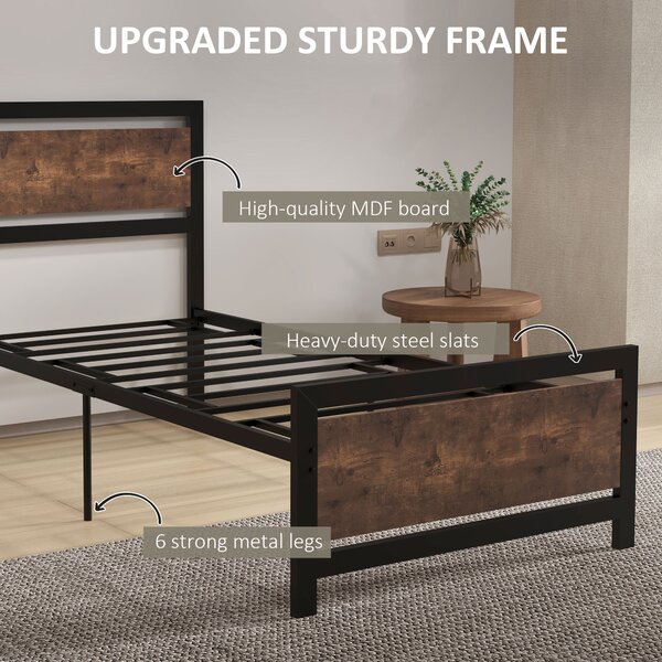 HOMCOM Single Metal Bed Frame, Strong Slat Support, Headboard & Footboard, Solid Bedstead Base with Underbed Storage, Black Aosom UK