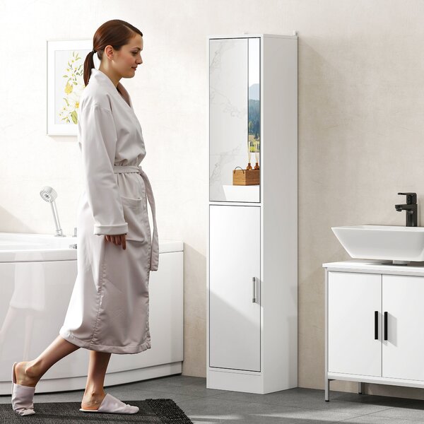 Kleankin Tall Mirrored Free Standing Bathroom Cabinet, Storage Cupboard, Floor Standing Tallboy Unit with Adjustable Shelf, White Aosom UK