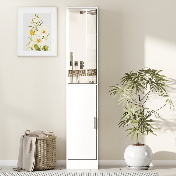 Kleankin Tall Mirrored Free Standing Bathroom Cabinet, Storage Cupboard, Floor Standing Tallboy Unit with Adjustable Shelf, White Aosom UK