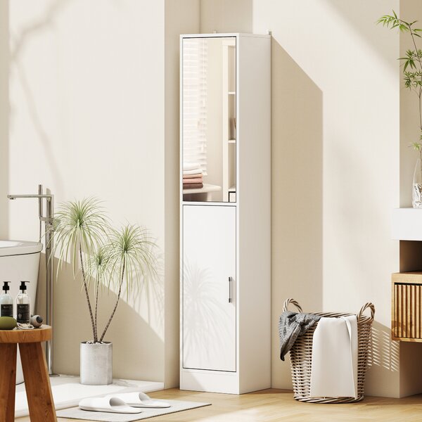 Kleankin Tall Mirrored Free Standing Bathroom Cabinet, Storage Cupboard, Floor Standing Tallboy Unit with Adjustable Shelf, White Aosom UK