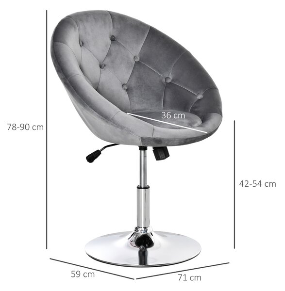 HOMCOM Modern Dining Height Bar Stool Velvet-Touch Tufted Fabric Adjustable Height Armless Tub Chair with Swivel Seat, Grey