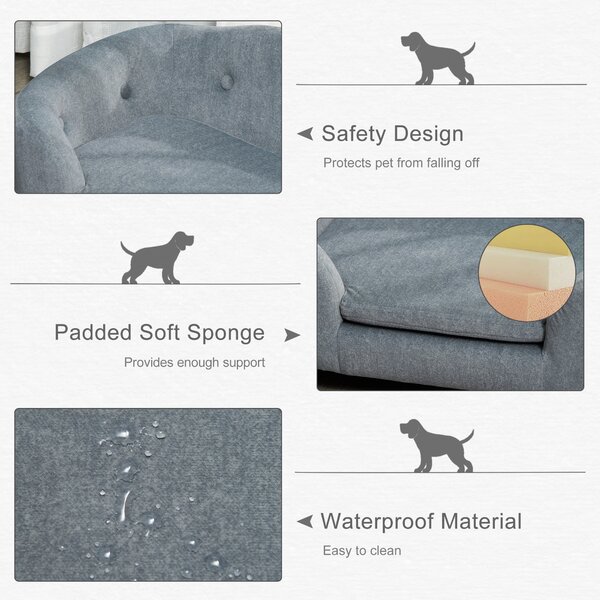 PawHut Pet Sofa, Modern Dog Bed & Puppy Lounge, with Wooden Frame & Washable Cushion, 70x47x30cm, Grey
