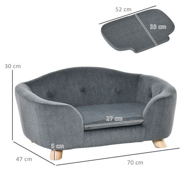 PawHut Pet Sofa, Modern Dog Bed & Puppy Lounge, with Wooden Frame & Washable Cushion, 70x47x30cm, Grey