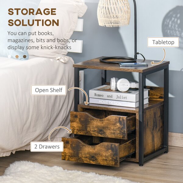 HOMCOM Industrial Side Table with Storage Drawer and Shelf, Slim Sofa Table Bedside Cabinet, Rustic Brown Aosom UK