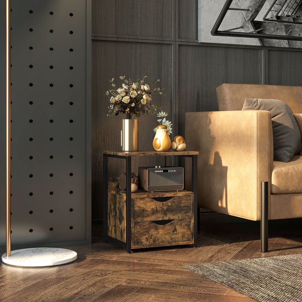 HOMCOM Industrial Side Table with Storage Drawer and Shelf, Slim Sofa Table Bedside Cabinet, Rustic Brown Aosom UK