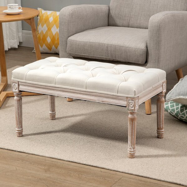 HOMCOM Tufted Ottoman Bench, Linen-Touch Fabric Footstool, Upholstered Accent Seat for Lounge, Bedroom, Corridor, Beige Aosom UK