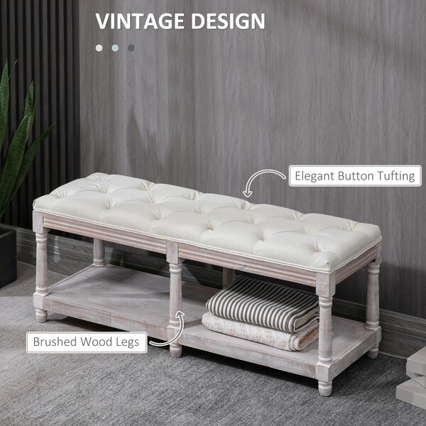 HOMCOM 2-Tier Bed End Bench, Vintage Stool, Wooden Window Seat with Storage Shelf, Button Tufted Upholstered Footstool, Cream White Aosom UK