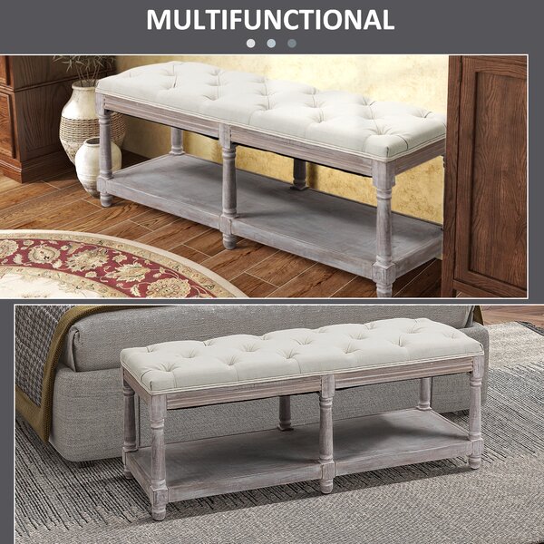 HOMCOM 2-Tier Bed End Bench, Vintage Stool, Wooden Window Seat with Storage Shelf, Button Tufted Upholstered Footstool, Cream White Aosom UK