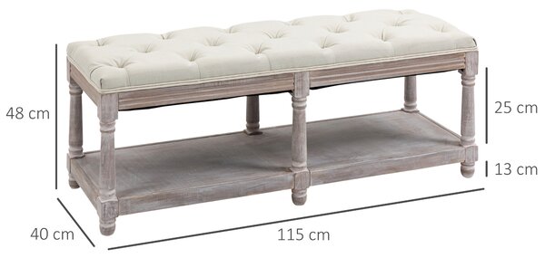 HOMCOM 2-Tier Bed End Bench, Vintage Stool, Wooden Window Seat with Storage Shelf, Button Tufted Upholstered Footstool, Cream White Aosom UK