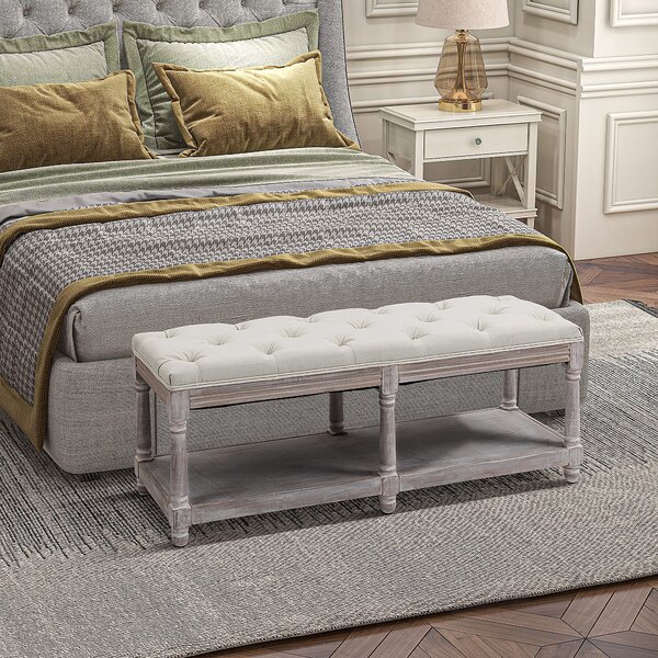 HOMCOM 2-Tier Bed End Bench, Vintage Stool, Wooden Window Seat with Storage Shelf, Button Tufted Upholstered Footstool, Cream White Aosom UK