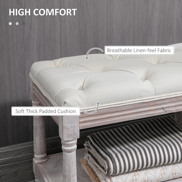 HOMCOM 2-Tier Bed End Bench, Vintage Stool, Wooden Window Seat with Storage Shelf, Button Tufted Upholstered Footstool, Cream White Aosom UK