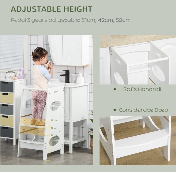 HOMCOM Kids Step Stool Toddler Kitchen Stool Tower with Adjustable Standing Platform for Kids Kitchen Counter White